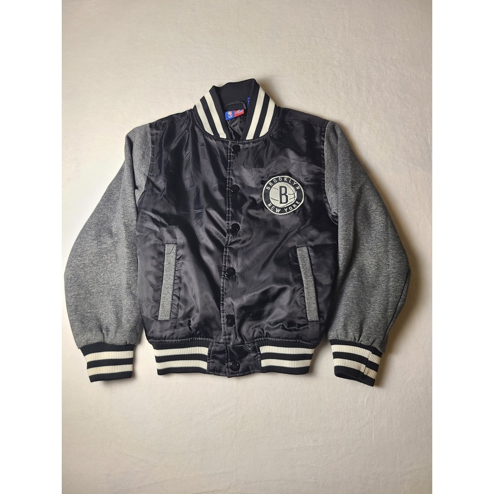 NBA Majestic Varsity Jacket Kids M Black Brooklyn Nets Bomber 2387 Y2K Retro 90s